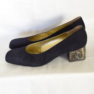 Bruno Magli Black Fabric Shoes With Gold Patterned Heels - Italy
